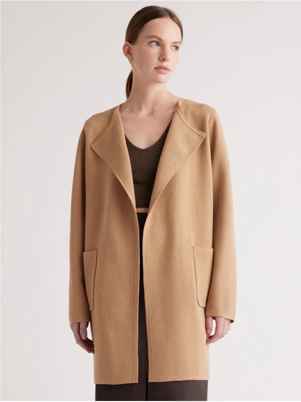Quince— 100% Organic Cotton Open Front Collarless Coatigan in Camel